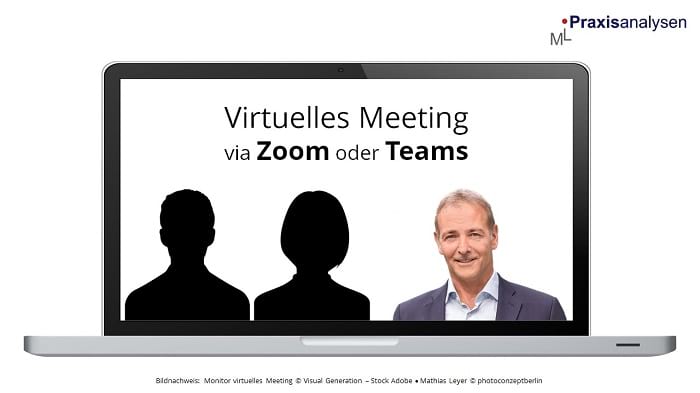 Virtuelles Meeting Video-Konferenz via Zoom oder Teams mit Mathias Leyer, Gesundheitsoekono, ML Praxisanalysen, die Unternehmensberatung für (angestellte) Zahnärzte*innen